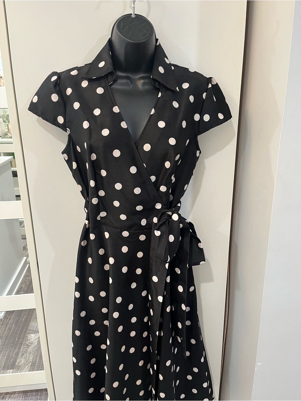 madison leigh Black Polka Dot Midi Wrap Dress